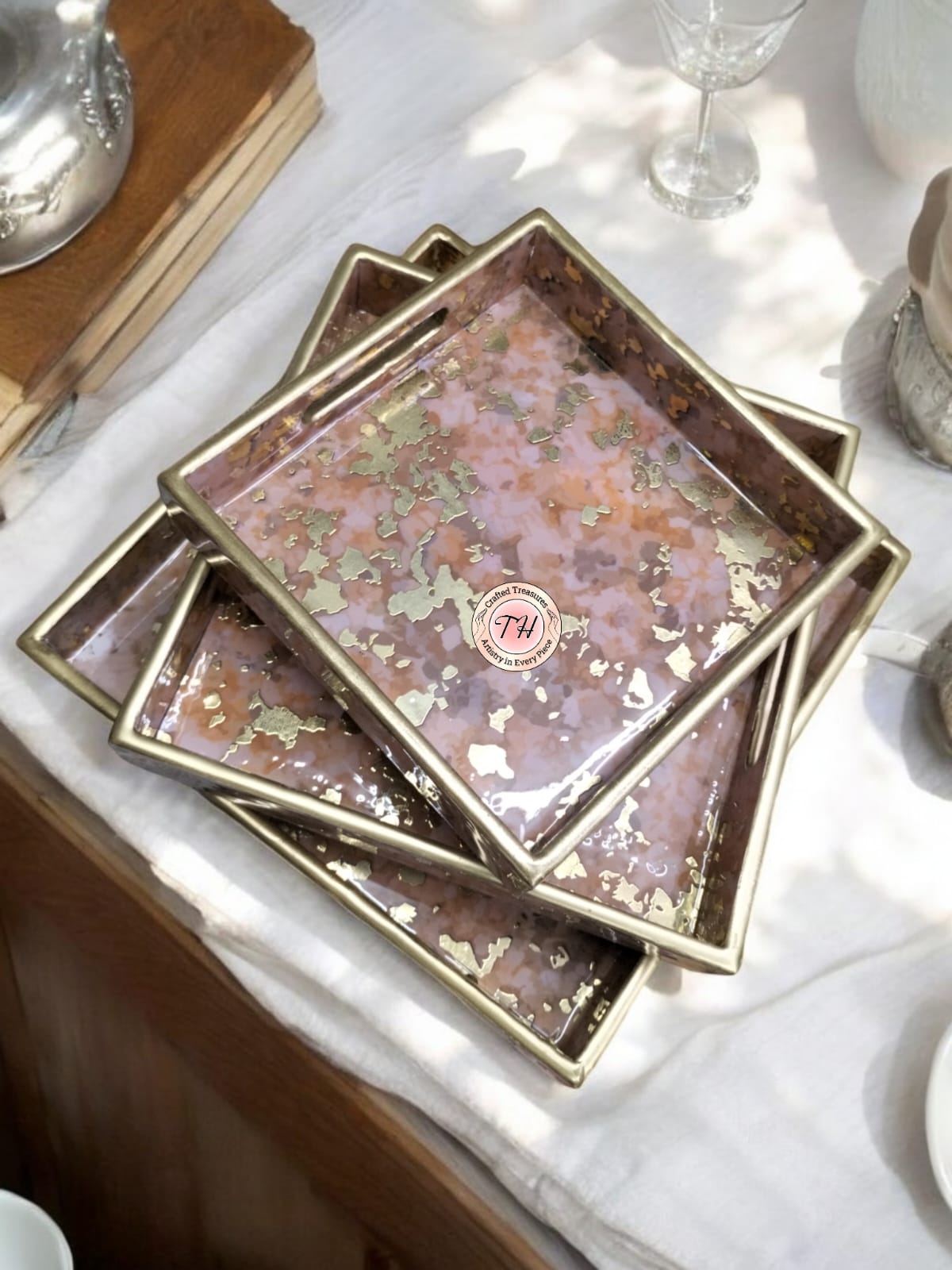 wooden square shape Gold foil print set of 3 trays for home/ office/ gift item